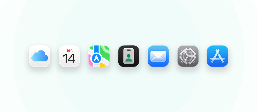 Uma linha de apps e ferramentas para empresas, incluindo iCloud, Calendário, Mapas, Apple Business, Mail, Ajustes e App Store.