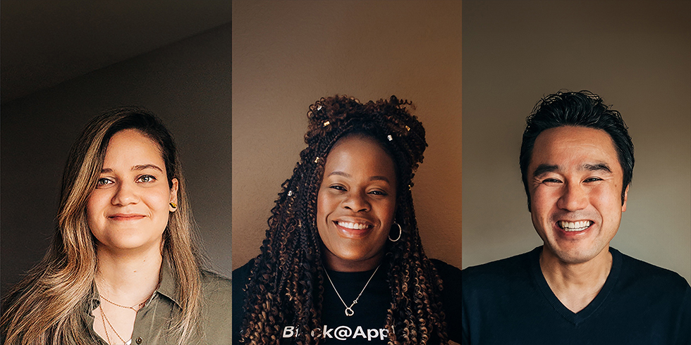  Três retratos de funcionários da Apple.