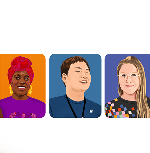 Drie portretten van Apple teamleden.