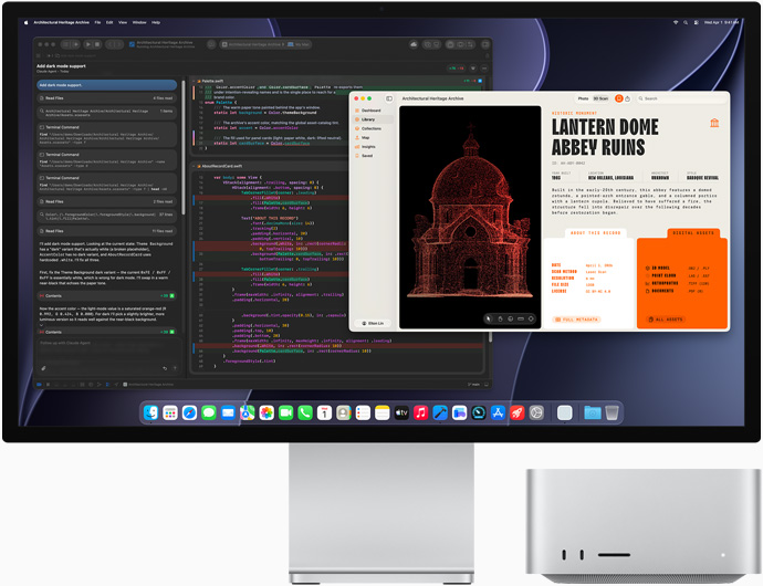 Studio Display XDR, na obrazovce je dokument rozpracovaný v Claude agentovi v Xcodu, Mac Studio, pohled zepředu