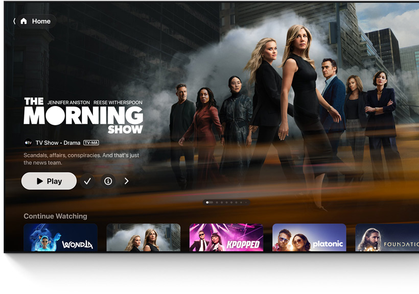 Et fladskærms-TV, der viser hjemmeskærmen i Apple TV‑appen