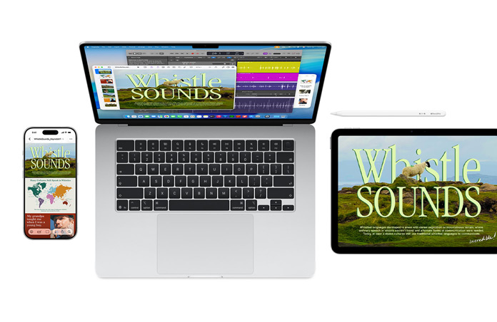En Mac, en iPhone och en iPad visar samma Whistle Sounds-projekt på skärmarna för att illustrera hur sömlöst Apples enheter fungerar tillsammans