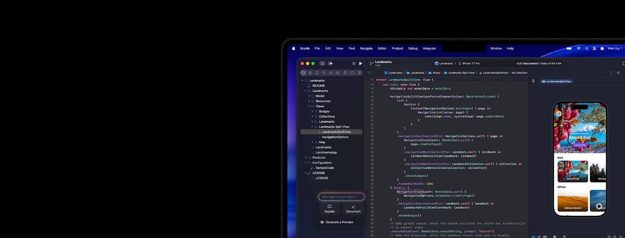 Xcode körs på Mac med AI-kodningsassistenten Claude Agent och en förhandsvisning av en app på iPhone