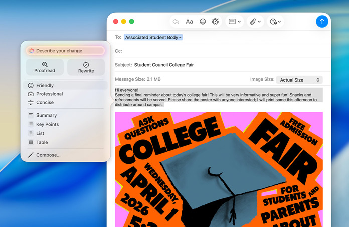 Ett mejl om en utbildningsmässa i Mail på Mac, med Apple Intelligence-funktionen Skrivverktyg öppen, och alternativ för att korrekturläsa eller skriva om tonen