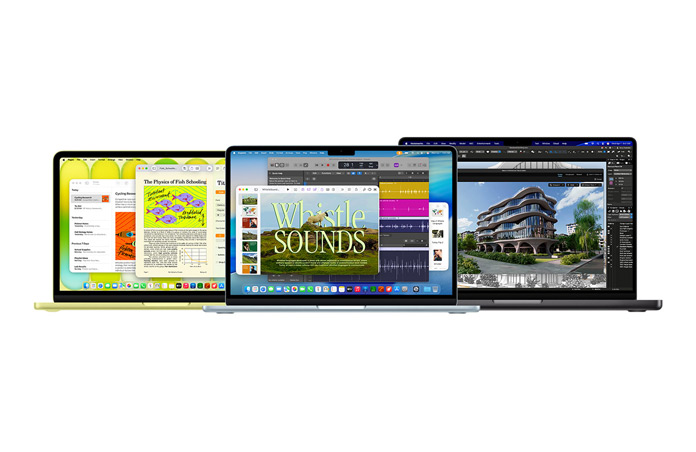 MacBook Neo i citrus, MacBook Air i silver och MacBook Pro i rymdsvart visar variationen i prestanda inom Mac-familjen