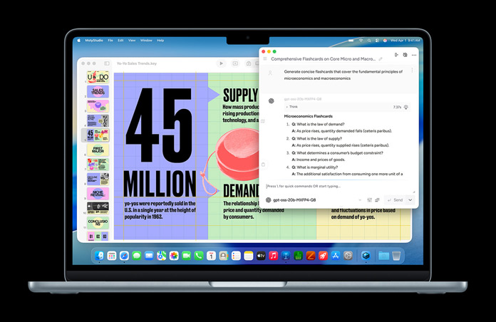 En MacBook med Msty Studio på skärmen och flashkort om mikroekonomi som illustrerar AI-funktioner på enheten
