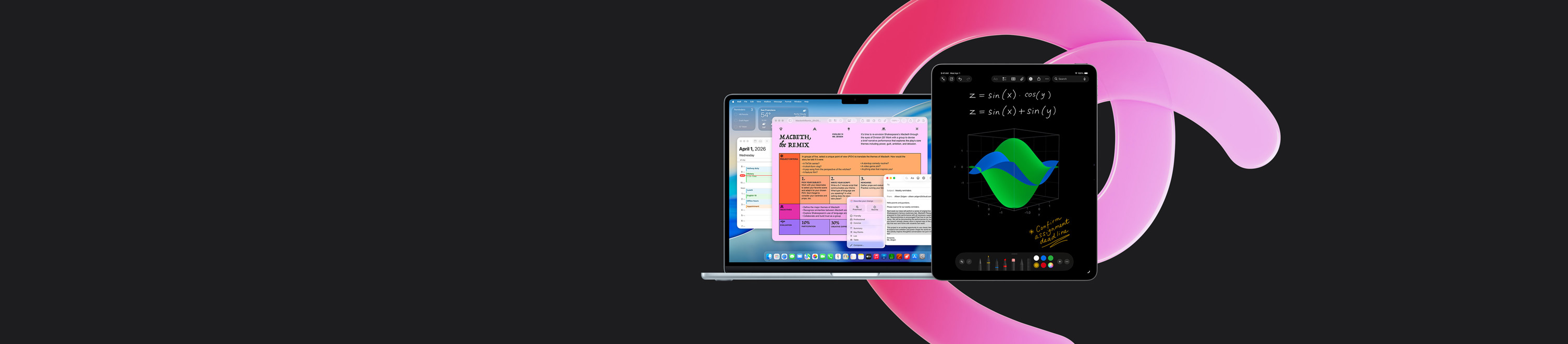 MacBook Air visar Pages, Kalender, Mail och en ruta med Skrivverktyg bredvid en iPad som visar handskrivna ekvationer i Matematikanteckningar, för att illustrera produktivitet med förinstallerade appar