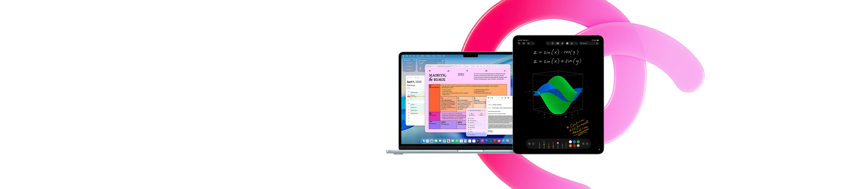 MacBook Air visar Pages, Kalender, Mail och en ruta med Skrivverktyg bredvid en iPad som visar handskrivna ekvationer i Matematikanteckningar, för att illustrera produktivitet med förinstallerade appar