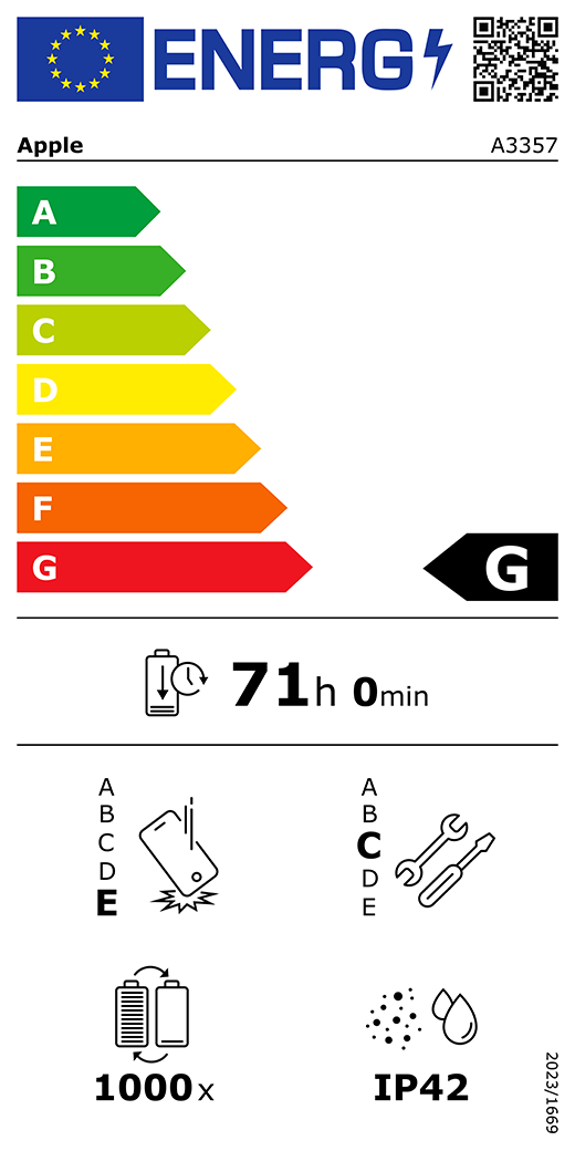 EU-energielabel, QR-code en informatie, Apple model A3357, klasse G, energie-efficiëntieklassen (met schaal van A tot G), A (meest efficiënt) tot G (minst efficiënt), batterijduur per cyclus, 71 uur en 0 minuten per keer volledig opladen, betrouwbaarheidsklasse E bij herhaaldelijke vrije val, A (meest robuust) tot E (minst robuust), repareerbaarheidsklasse C, A (gemakkelijkst repareerbaar) tot E (moeilijkst repareerbaar), levensduur batterij 1000 cycli, classificatie IP42 voor bescherming tegen binnendringen van stof en water (IP), verordening 2023/1669