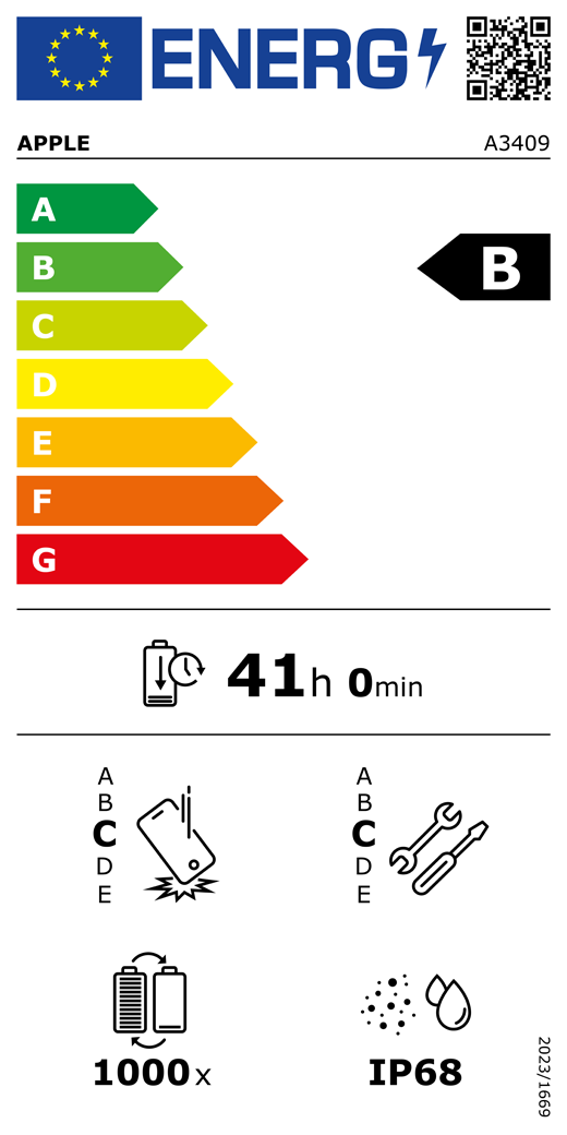 Étiquette énergétique de l’UE, code QR et informations, modèle Apple A3409, classe B, classes d’efficacité énergétique (échelle allant de A à G), A (la plus élevée) à G (la plus basse), endurance de la batterie par cycle, 41 heures et 0 minute par charge complète de la batterie, résistance aux chutes répétées de classe C, A (plus résistante) à E (moins résistante), réparabilité de classe C, A (plus réparable) à E (moins réparable), endurance de la batterie de 1 000 cycles, indice de protection IP68 pour la poussière et l’eau, règlement 2023/1669.