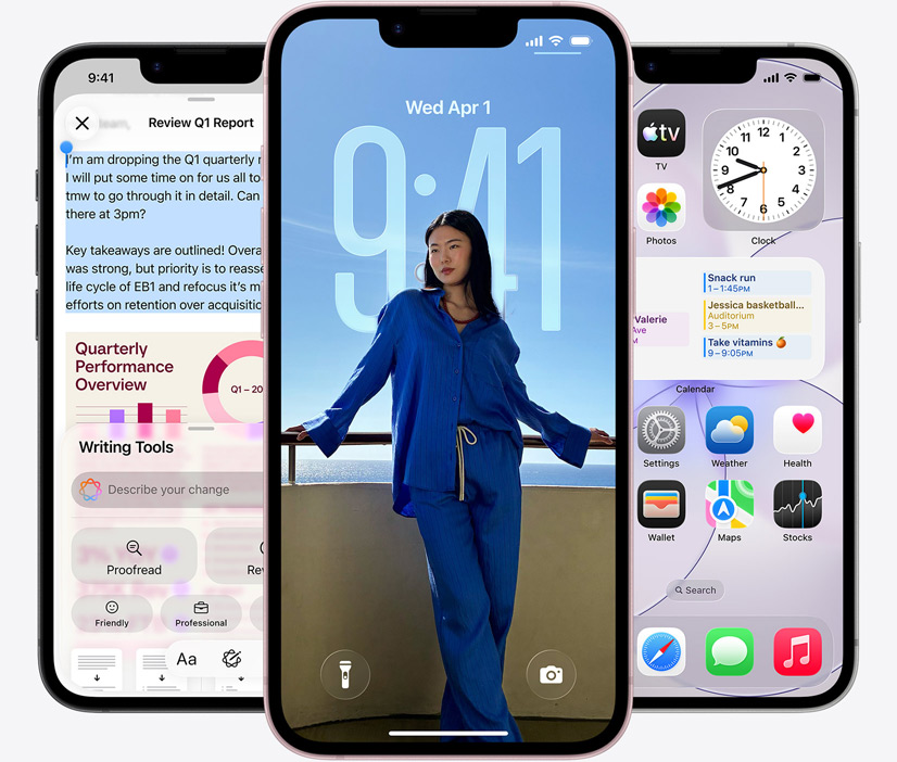 Trois iPhone 17e, face avant, capture d’écran montrant les Outils d’écriture en cours d’utilisation, écran verrouillé affichant la photo d’une personne et app Messages envoyant des messages par satellite