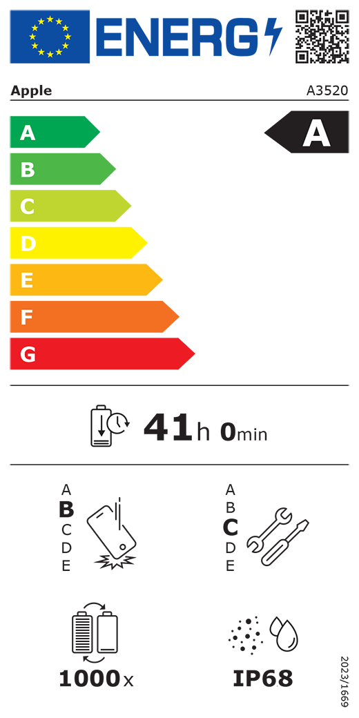 Európai uniós energiacímke QR-kóddal és információkkal. Az A3520-as Apple-modell A osztályú az energiahatékonysági osztályok A-tól (leghatékonyabb) G-ig (legkevésbé hatékony) terjedő skáláján. Az akkumulátor ciklusonkénti tartóssága 41 óra és 0 perc (teljesen feltöltött akkumulátorról). A termék B osztályú az ismételt leejtés elleni védelem A-tól (legellenállóbb) E-ig (legkevésbé ellenálló) terjedő skáláján és C osztályú a javíthatóság A-tól (leginkább javítható) E-ig (legkevésbé javítható) terjedő skáláján. Az akkumulátor tartóssága 1000 ciklus. IP68-as por- és vízállósági besorolás, 2023/1669-es rendelet.