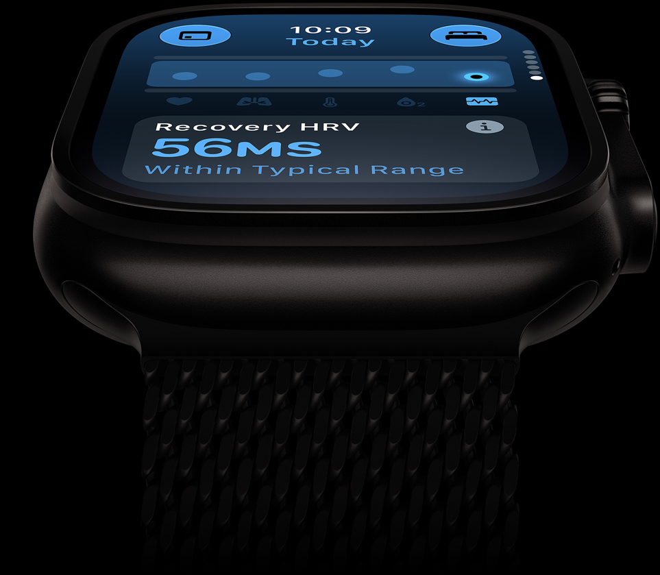 Apple Watch Ultra 4, titanium case, black colour, HRV within typical range, titanium Milanese Loop strap, black colour