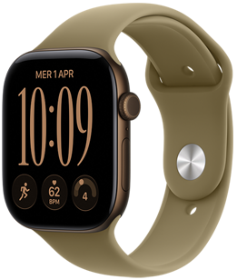 Apple Watch Series 12, cassa in alluminio color bronzo scuro, quadrante Modulare, complicazioni: giorno e data, Allenamenti, frequenza cardiaca, Preparazione; lato destro, Digital Crown, tasto laterale, cinturino Sport oliva