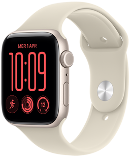 Apple Watch SE 3, cassa in alluminio color galassia, quadrante Modulare, complicazioni: giorno e data, Allenamenti, anelli Attività, temperatura; lato destro, Digital Crown, tasto laterale, cinturino Sport sabbia