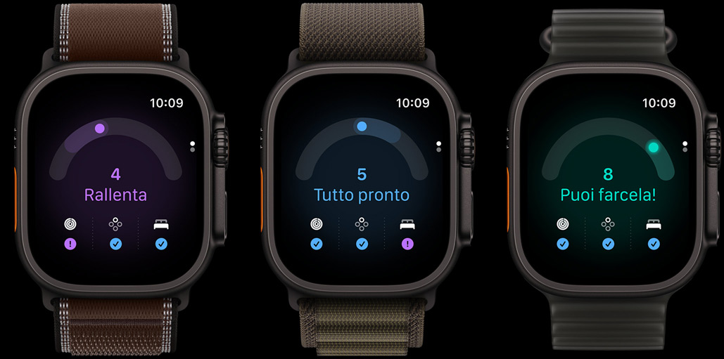 Tre Apple Watch Ultra 4: cassa in titanio nero, punteggio della funzione Preparazione 4, cinturino Trail Loop terra d’ombra scuro, cassa in titanio nero, punteggio della funzione Preparazione 5, cinturino Alpine Loop verde olivo, cassa in titanio nero, punteggio della funzione Preparazione 8, cinturino Ocean nero traslucido