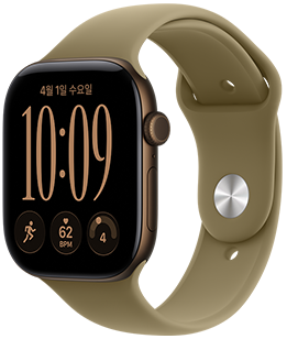 다크 브론즈 색상 알루미늄 케이스의 Apple Watch Series 12. 모듈 시계 페이스에 요일과 날짜, 운동, 심박수, 준비 상태 컴플리케이션이 표시되어 있고 오른쪽 옆면 외관에 Digital Crown 및 측면 버튼이 보이는 모습. 올리브 색상 스포츠 밴드를 장착
