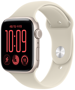 스타라이트 색상 알루미늄 케이스의 Apple Watch SE 3. 모듈 시계 페이스에 요일과 날짜, 운동, 활동 링, 손목 온도 컴플리케이션이 표시되어 있고 오른쪽 옆면 외관에 Digital Crown 및 측면 버튼이 보이는 모습. 샌드 색상 스포츠 밴드를 장착