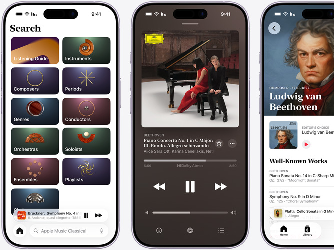 جهاز iPhone إلى اليسار يعرض علامة تبويب Apple Music Classical Browse مع اختيار علامة تبويب Catalog مع المؤلفين الموسيقين والفترات الزمنية والأنواع والقادة الموسيقين وفرق الأوركسترا والعازفين المنفردين والفرق الموسيقية وفئات الجوقات: جهاز iPhone في المنتصف يعرض كونشيرتو البيانو لبيتهوفن، السمفونية الأولى في سلم دو الكبير، تصنيف Op. 15: III. روندو تشغيل مقطوعة Allegro scherzando بتنسيق Dolby Atmos؛ جهاز iPhone إلى اليمين يعرض صفحة الموسيقار Ludwig van Beethoven‏