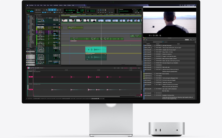 Widok z przodu na Maca mini wsuniętego pod monitor Studio Display, Narzędzia Pro z wtyczką Auto-Align Post 2 uruchomionymi w systemie macOS