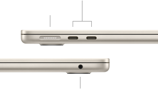 MacBook Air, închis, pe partea stângă se văd portul MagSafe și două porturi Thunderbolt, pe partea dreaptă se vede mufa pentru căști