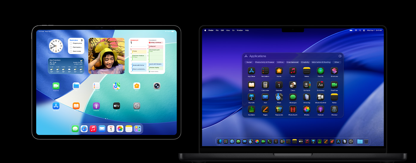 iPad และ Mac แสดงหลากหลายไอคอนแอป iPad แสดงวิดเจ็ตต่างๆ ซึ่งรวมถึงปฏิทิน สภาพอากาศ และรูปภาพ