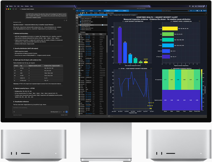 Studio Display XDR, ekranda LM Studio Bionic ve MATLAB uygulamalarında bal arısı sağlığıyla ilgili veriler gösteriliyor, Mac Studio, önden görünüm