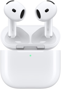 AirPods 4の充電ケースが開き、その上にAirPodsが浮いている。