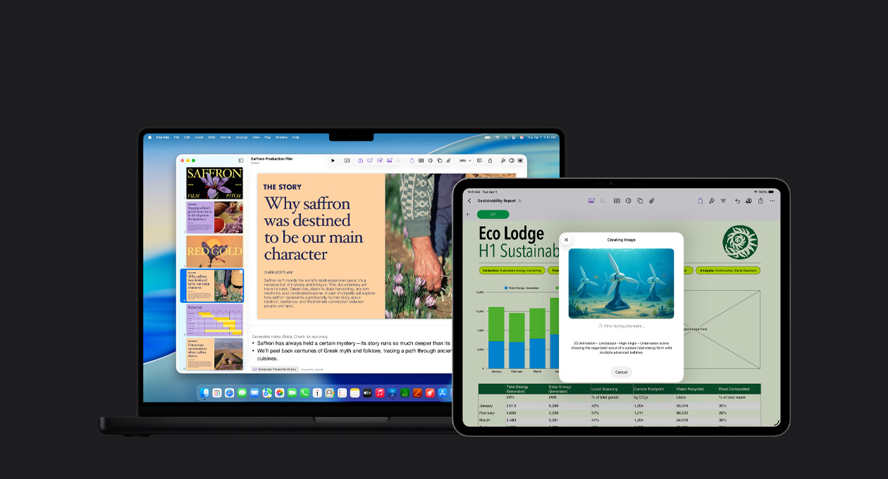 Ein 13 Zoll iPad Pro Bildschirm zeigt die Folie eines Berichts mit einem Diagramm, einer Tabelle und Grafiken, ein 16 Zoll MacBook Pro Bildschirm zeigt eine Keynote Präsentation mit mehreren Folien links und generierten Notizen für die Präsentation unten