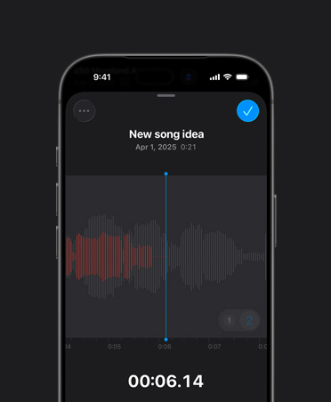 หน้าจอ iPhone 16, แอปเสียงบันทึกของ Logic Pro, แถบเสียงบันทึกสีแดง, คลื่นเสียง, ปุ่มเล่น, ไอเดียเพลงใหม่, วันที่ และระยะเวลา