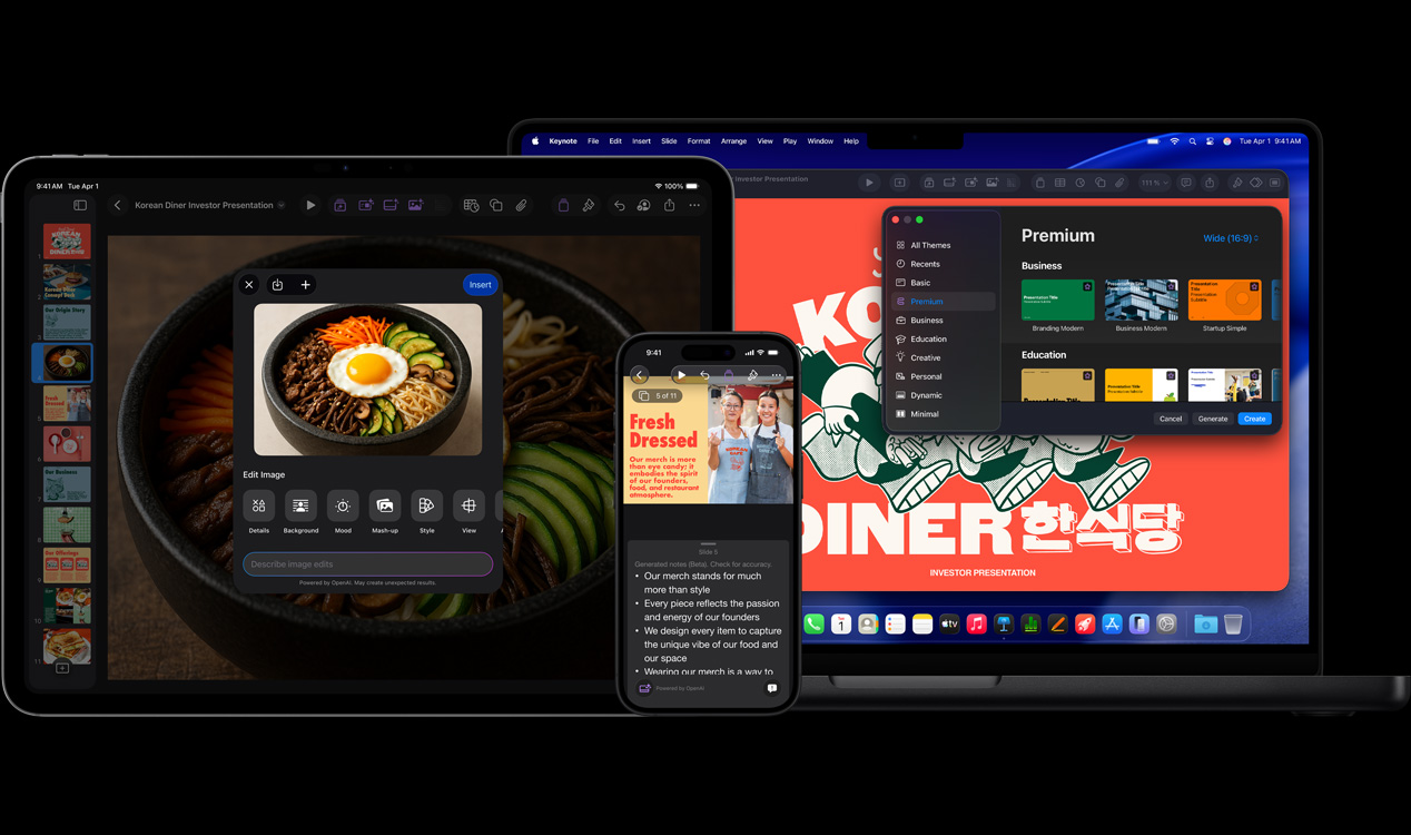 Ein 13 Zoll iPad Pro Display zeigt Keynote mit generativer Bildgebung einer Schüssel mit Gemüse und einem Spiegelei, ein iPhone 16 Display zeigt Keynote mit einem Foto von zwei Frauen und Notizen für die Präsentation, ein 16 Zoll MacBook Pro Bildschirm zeigt eine Präsentation in Keynote mit geöffnetem Themenfenster