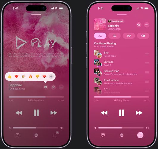 iPhone-skærmen til venstre viser afspilningen af “Sapphire” med Ed Sheeran. Et felt vises med emojireaktionerne tommelfinger opad, hjerte, fest, tommelfinger nedad og vælg en anden reaktion. iPhone-skærmen til højre viser en fælles playliste ved navn Hawaii Playlist med en række sange tilføjet af andre brugere