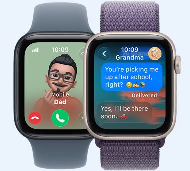 Urządzenia Apple Watch SE 3, na ekranach widać połączenie od taty osoby korzystającej z urządzenia i Wiadomości od jej babci