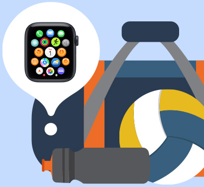 Ilustracja zagubionego Apple Watch, który odnajduje się w torbie na siłownię dzięki aplikacji Znajdź