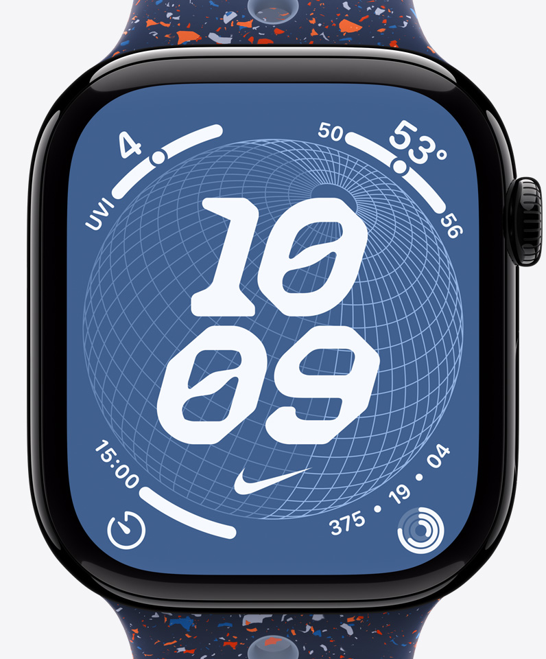 Nike Globe Zifferblatt, Uhrzeit, Nike Swoosh, Komplikationen: UV Index, Wetter, Timer, Aktivitätsringe