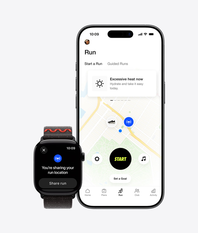 Apple Watch Series 11, Standortfreigabe auf dem Display, iPhone 17, Nike Run Club App zeigt Laufroute auf einer Karte
