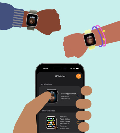 Apple Watch for barna dine er illustrert med en tegning som viser barnehåndledd med Apple Watch SE 3 sammenkoblet med en iPhone i hånden til en forelder.