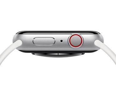 På høyre side på en Apple Watch i sølv vises sideknappen, mikrofonhullet og Digital Crown.
