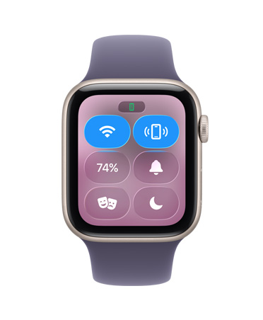 Apple Watch SE 3, κάσα από αλουμίνιο, χρώμα αστροφεγγιά, Κέντρο Ελέγχου, εικονίδιο εντοπισμού iPhone, εξωτερική δεξιά πλαϊνή όψη, Digital Crown, λουράκι Sport Band, χρώμα μωβ της ομίχλης