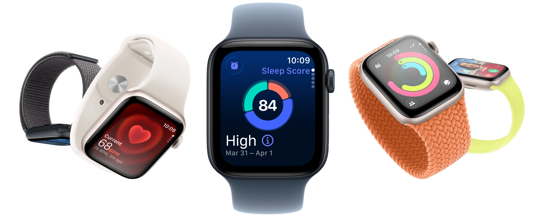 Apple Watch SE 3-enheter med urkasser av aluminium i stjerneskinn og midnatt viser følgende på skjermene: Vitale tegn-appen, Puls-appen, Søvnscore, Aktivitetsringer og innkommende anrop.