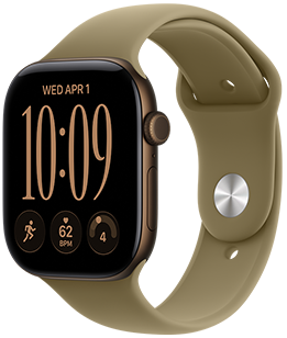 Apple Watch Series 12 med urkasse i aluminium i farven mørk bronze, Modulær-urskive med komplikationerne dag og dato, Træninger, puls og kapacitet, Digital Crown og sideknap i højre side, Sportsrem i olivengrøn