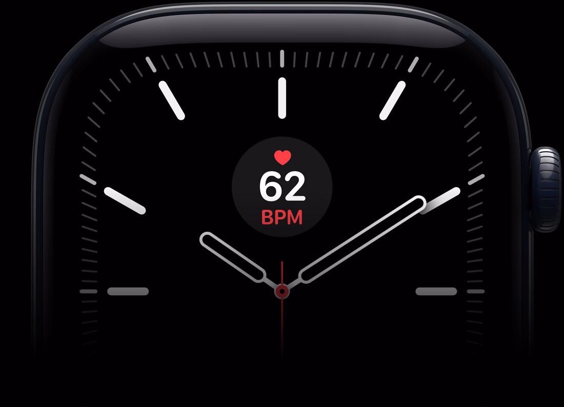 Apple Watch Series 12 med urkasse i sort aluminium, Meridian-urskive med puls-komplikation, Digital Crown i højre side