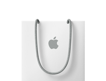 Hvid Apple-pose med gråt håndtag og gråt Apple-logo i midten