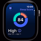 Apple Watch Series 12 med urkasse i aluminium i farven space grey, cirkeldiagram for Søvnresultat, Digital Crown i højre side