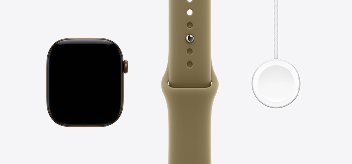 Apple Watch Series 12 mostrato di fronte, cassa in alluminio color bronzo scuro, display edge-to-edge, cinturino Sport oliva, cavo magnetico USB‑C per la ricarica rapida di Apple Watch