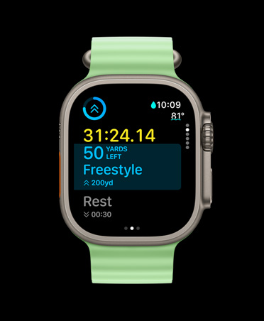 Apple Watch Ultra 3, warna alami, casing titanium, aplikasi Olahraga, kartu olahraga khusus, tampilan Berikutnya, Tali Jam Ocean hijau neon