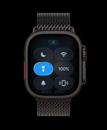 Apple Watch Ultra 3, black colour, titanium case, Control Center, Torch button, Titianium Milanese Loop, black colour