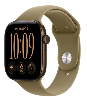 Apple Watch Series 12 med urkasse i aluminium i farven mørk bronze, Modulær kompakt-urskive med komplikationerne dag og dato, træningstypen Løb, puls og kapacitet, Digital Crown og sideknap i højre side, Sportsrem i farven olivengrøn