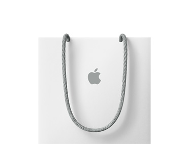 Hvid Apple-pose med gråt håndtag og gråt Apple-logo i midten