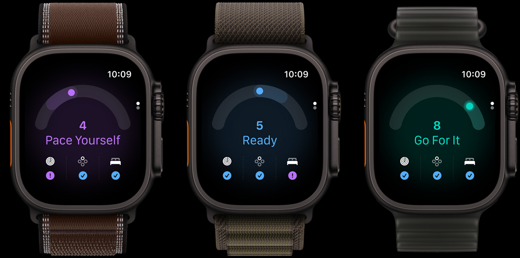 Tre Apple Watch Ultra 4-enheder: urkasse i sort titanium med kapacitetsscore på 4, Trail Loop-rem I farven mørk umbra, urkasse i sort titanium med kapacitetsscore på 5, Alpine Loop-rem i farven mørk olivengrøn, urkasse i sort titanium med kapacitetsscore på 8, Ocean-rem i farven halvtransparent sort